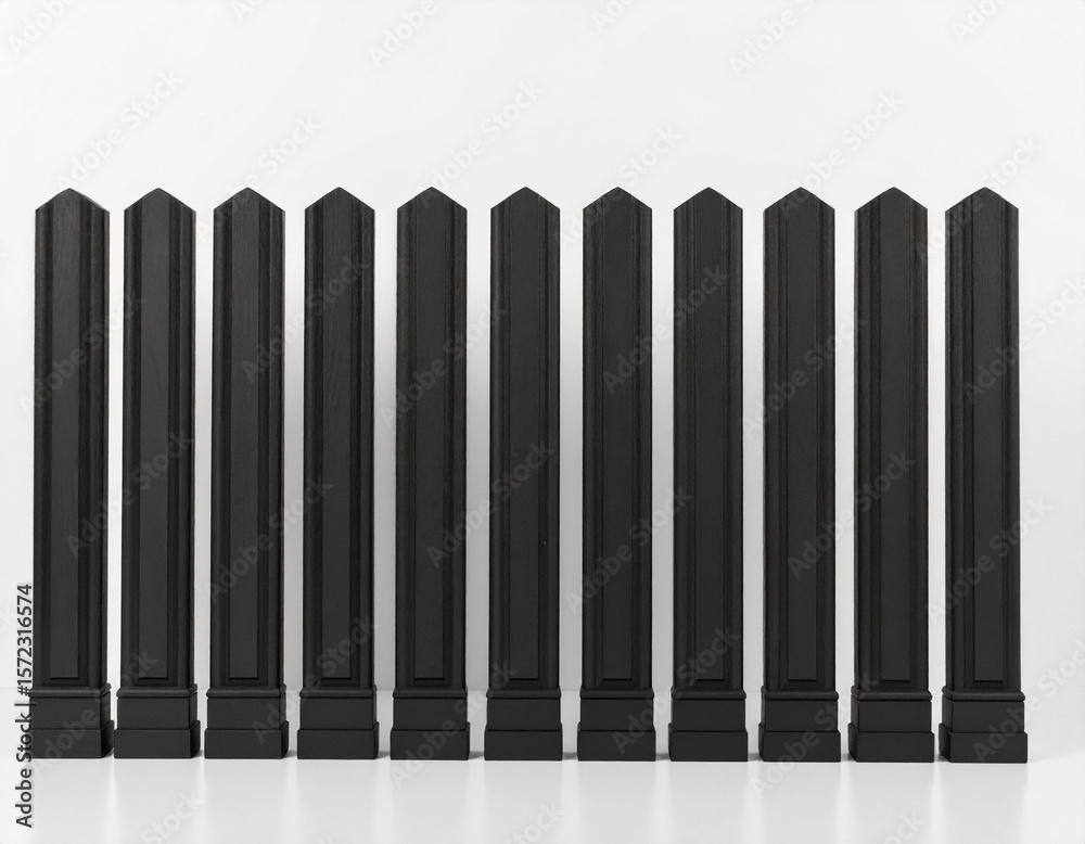 Fototapeta premium A clean, symmetrical row of identical black architectural pillars with pointed tops and detailed bases, standing against a crisp white background. Symbolizes structure, security, or elegant design.