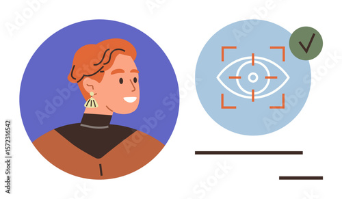 Profile of a young individual beside an eye scan icon with targeting reticle and verification checkmark. Ideal for technology, security, identification, privacy, innovation, data access, AI