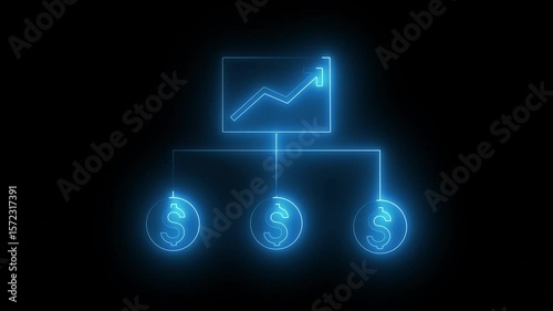 Neon dollar icon with user and flow arrows on black background,