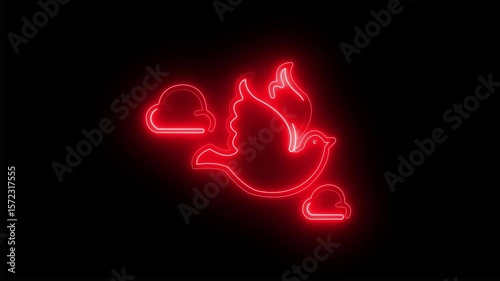Neon bird and cloud icon. 4K video animation.