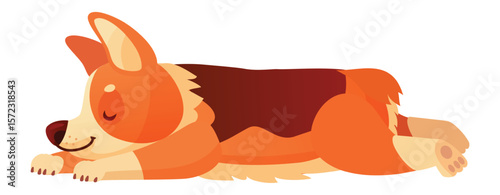 Cartoon illustration of a cute corgi dog sleeping peacefully, taking a nap with its eyes closed, lying on its side, a heartwarming scene of animal rest