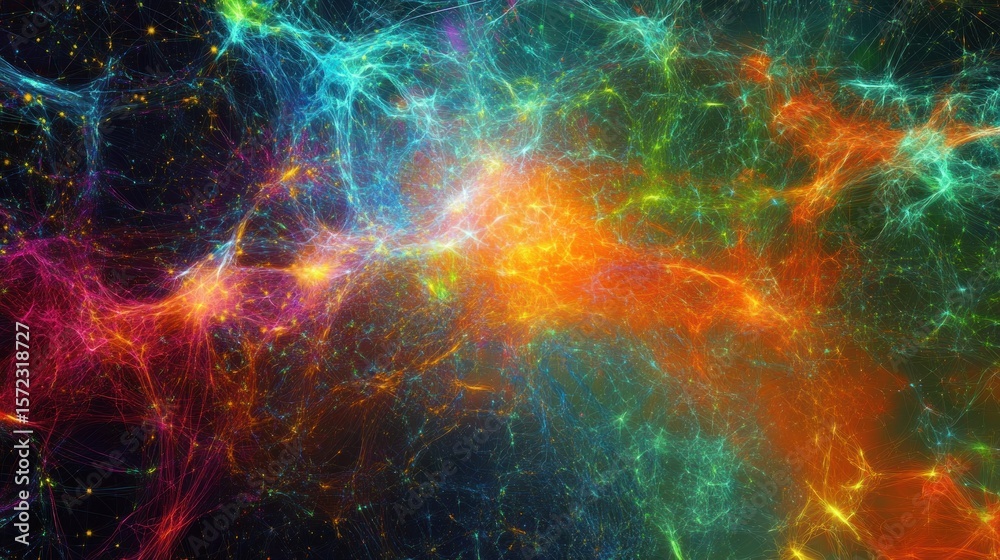 Fototapeta premium Abstract, vibrant, colorful network of glowing lines and particles