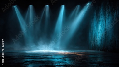 Dramatic Stage Lighting with Blue and Black Smoke Effects