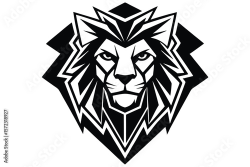 A powerful lion stares intensely forward, surrounded by a bold, geometric stylized mane