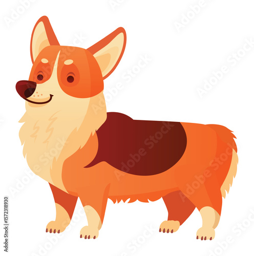 Cartoon illustration of a cute welsh corgi dog standing and smiling happily, showing its fluffy fur and friendly expression, isolated on white background