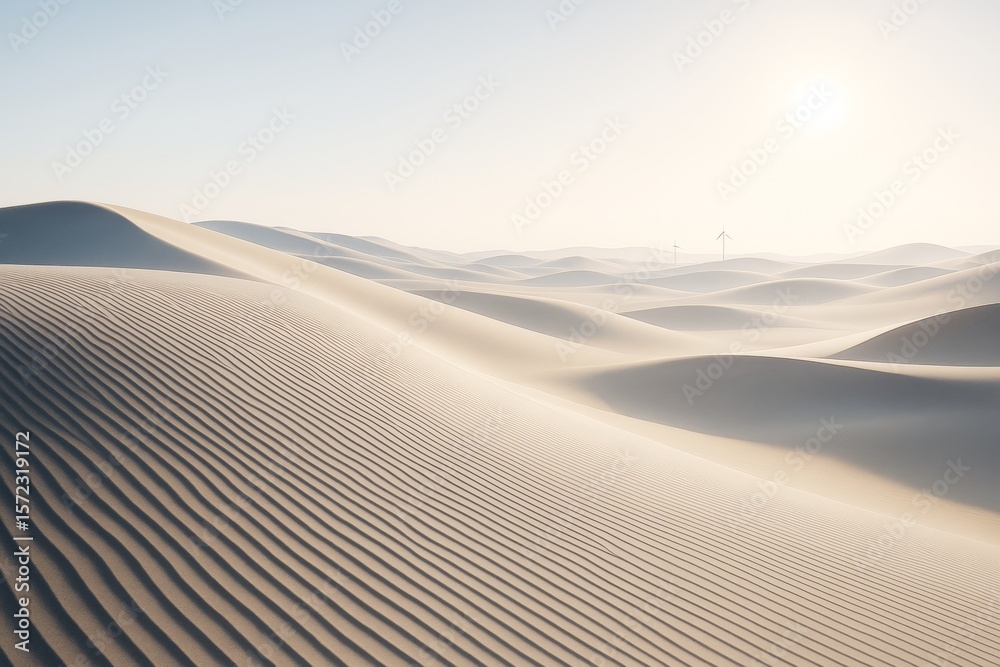 Naklejka premium Minimalist desert landscape with smooth sand dunes and subtle light shadows under a soft sky with distant wind turbines in background. Ai generative.