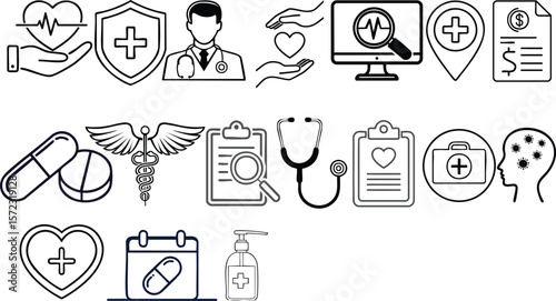 Vector Healthcare Line Art Icons Set on White Background in Modern Minimalist Style