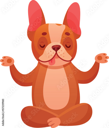 Cartoon french bulldog practicing yoga, meditating in lotus position with closed eyes and tongue out, isolated on white background, representing mindfulness, relaxation and inner peace