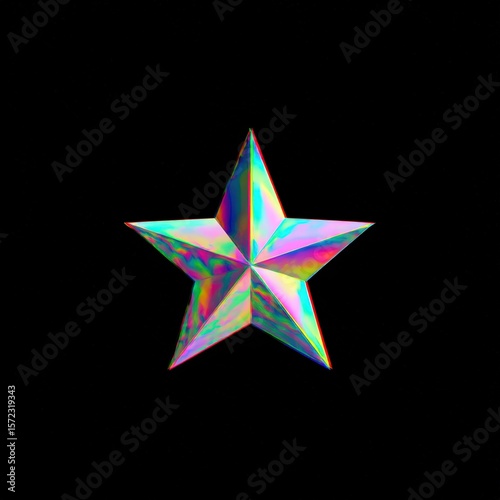 Colorful Three-Dimensional Star Shape with Holographic Effects on Black Background