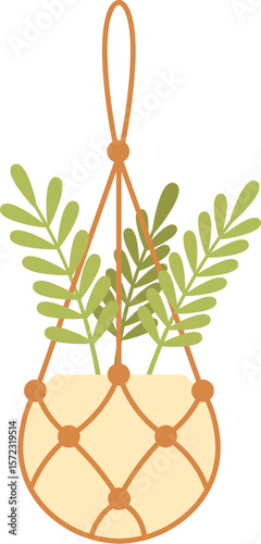 Decorative macrame plant hanger holding a small plant with green leaves, adding a touch of nature to interior design, promoting concepts of sustainability, handmade crafts, and home decoration