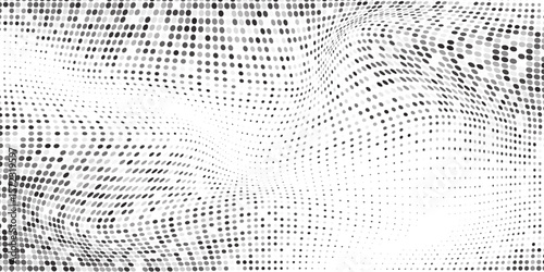 Modern wave halftone gradient background. Faded grit noise texture. White and black sand art