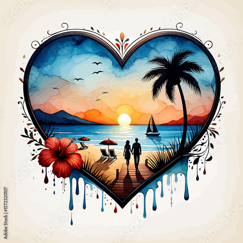 Romantic Sunset Beach Watercolor Heart Illustration