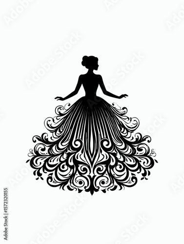 Elegant Silhouette of a Woman in an Ornate Gown Victorian Fashion Illustration