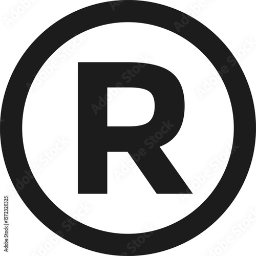 Registered trademark icon set. Circled R symbol. Round icons with black color.  Intellectual property sign