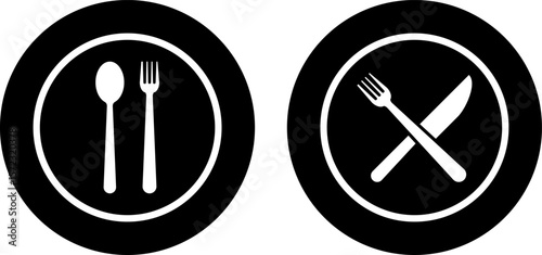 plate with Fork spoon icon set. Food icon. Plate symbol. Breakfast lunch dinner icons. Menu sign. Tableware instruments