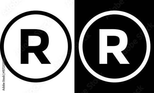 Registered trademark icon set. Circled R symbol. Round icons with black color.  Intellectual property sign