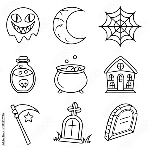Hand-drawn Halloween icons set: ghost, moon, spider web, potion, cauldron, haunted house, scythe, gravestones.