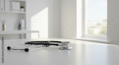 Stethoscope on White Desk in Bright Doctor's Office, Medical Equipment