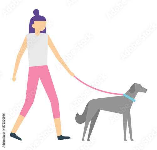 Young woman dressed in casual attire, walking a sleek greyhound on a pink leash, enjoying a relaxing stroll through a scenic outdoor setting, embracing the joy of companionship