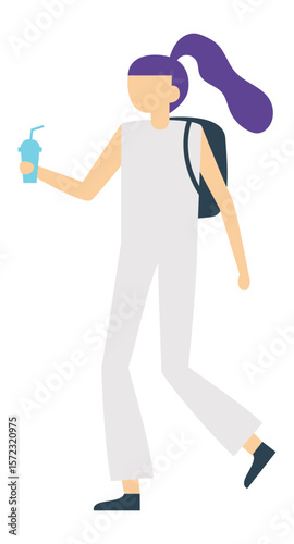 Young student with vibrant purple hair, carrying a backpack and sipping a refreshing soda, walking happily across campus, enjoying a break between classes and embracing student life
