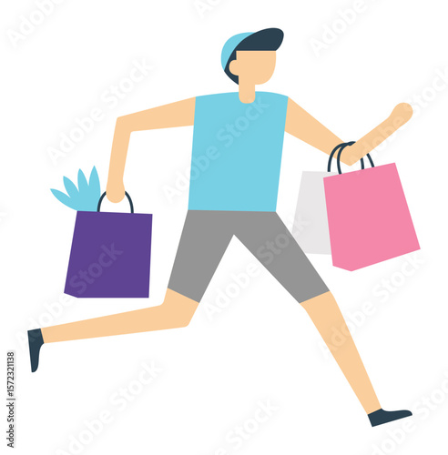 Happy customer running energetically while holding colorful shopping bags filled with clothes and gifts, enjoying the excitement of the sales season at the bustling mall