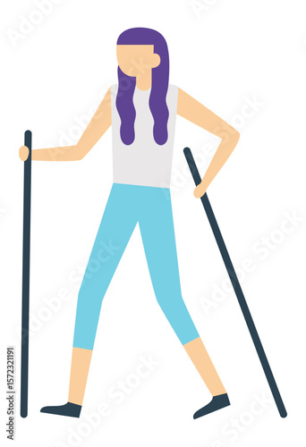 Purple haired sportswoman practicing nordic walking with two poles, enhancing fitness levels and enjoying the beauty of outdoor activity while embracing a healthy lifestyle