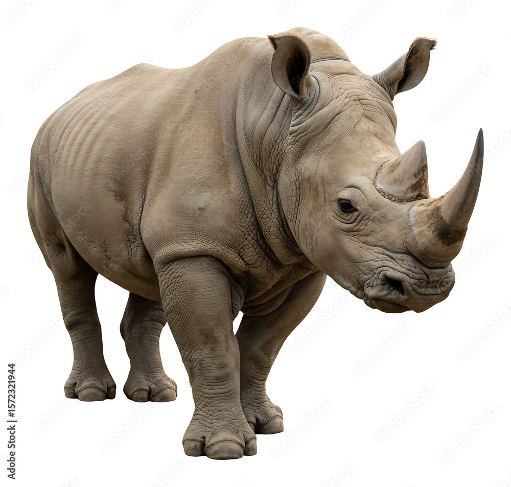 Fototapeta premium 力強い白犀、静かに佇む姿、自然光で輝く肌