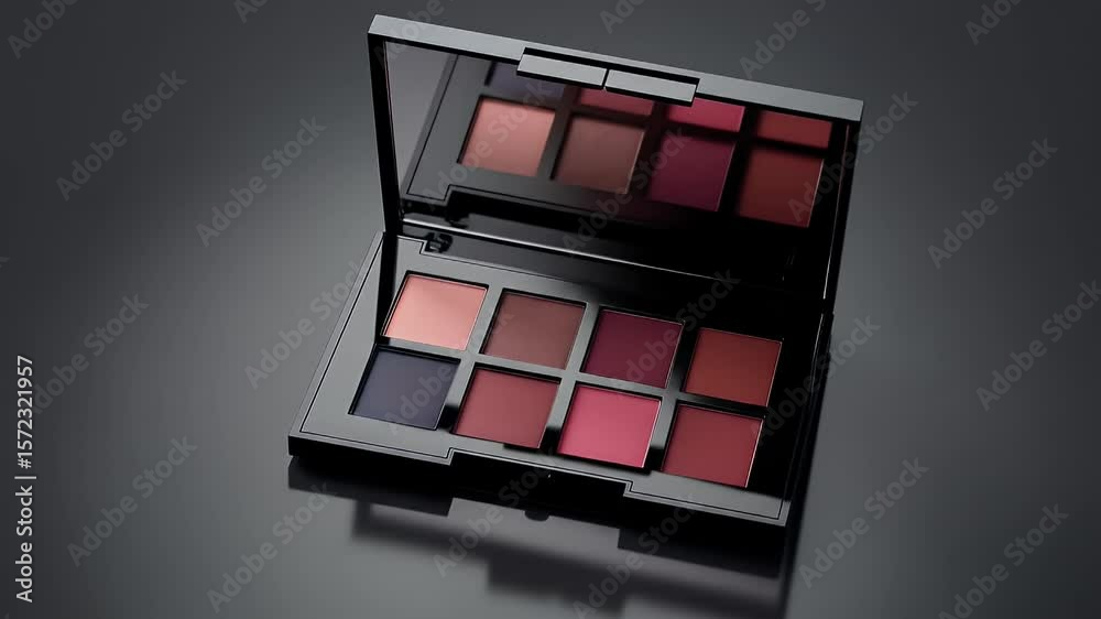 Open eyeshadow palette mockup featuring nine bold matte shades in a black casing, placed on a reflective surface with dramatic lighting.
