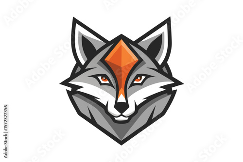 A geometric styled wolf head with orange markings stares intently ahead on white