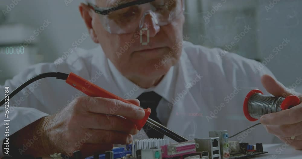 Senior male engineer probing board contacts and checking solder wire for diagnostics in tech lab