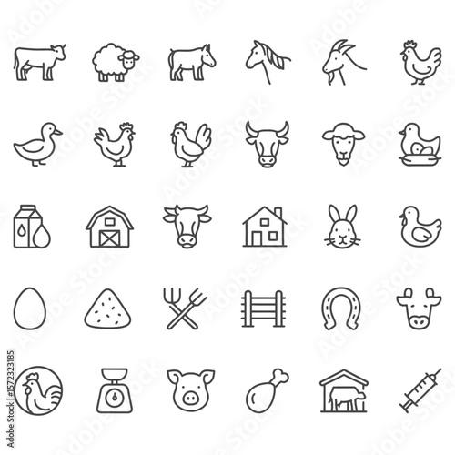 Livestock Line Icons – Farm Animals, Poultry, Dairy, Barn, Butchery, and Veterinary Symbols for Agriculture