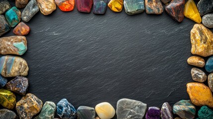 Colorful tumbled stones border on dark slate background, copy space.