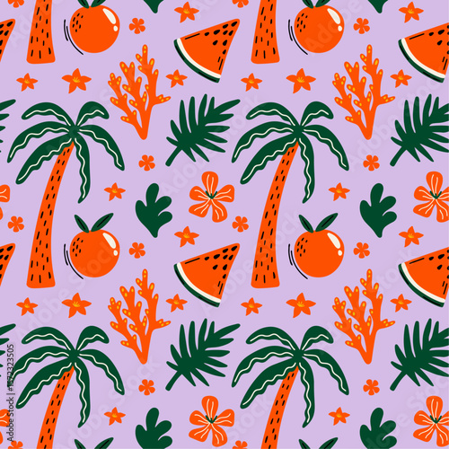 Tropical aesthetic, summer vacation vibes, holiday themed seamless vector pattern with cute groovy funky cartoon illustration of sea beach objects, palm tree, exotic flowers, plants, fruits