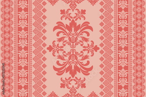 Seamless red damask tracery shape with geometric ethnic tradition pattern texture for fabric and textile on pink background