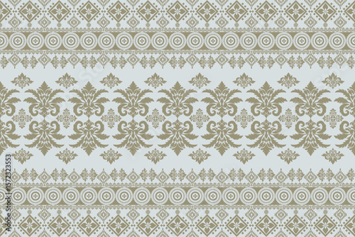 Seamless green and golden floral damask shape with geometric ethnic tradition pattern texture on natural white background