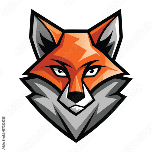 Detailed fox head with orange fur and intense eyes stares directly at the viewer