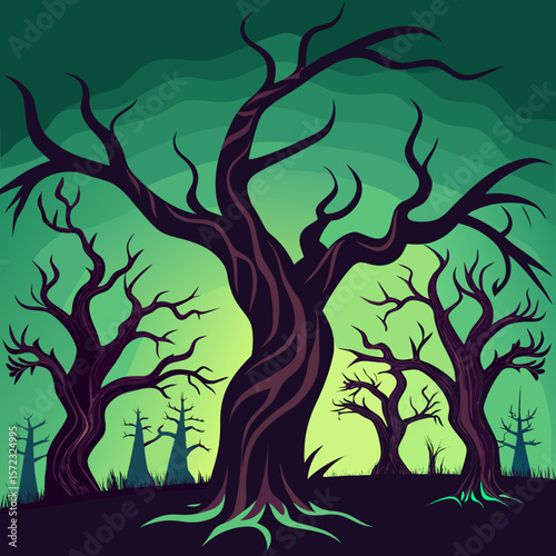 Spooky Forest Illustration with Bare Trees Against a Green Gradient Sky Background stylized illustration spooky
