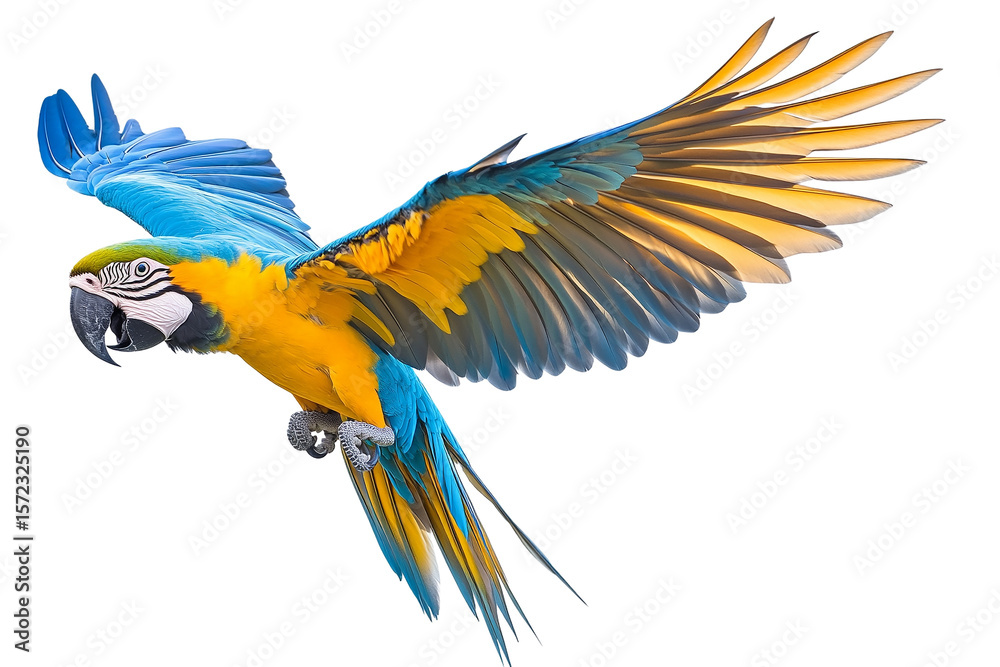 Fototapeta premium Blue-and-gold Macaw in flight, isolated on transparent PNG, vibrant, detailed.