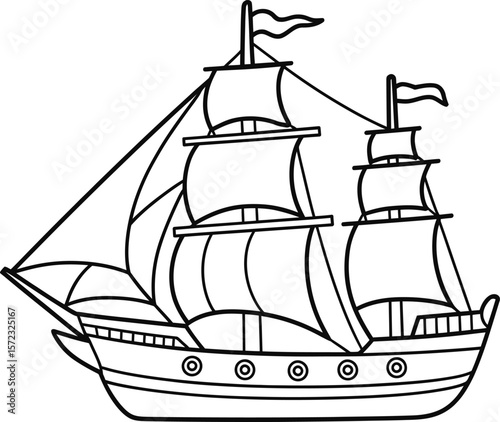Vintage Sailing Ship A Nautical Line Drawing Illustration