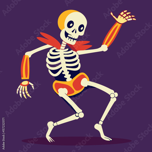 Cartoon Skeleton Dancing with Joyful Exuberance on a Dark Purple Background for Halloween Celebration cartoon