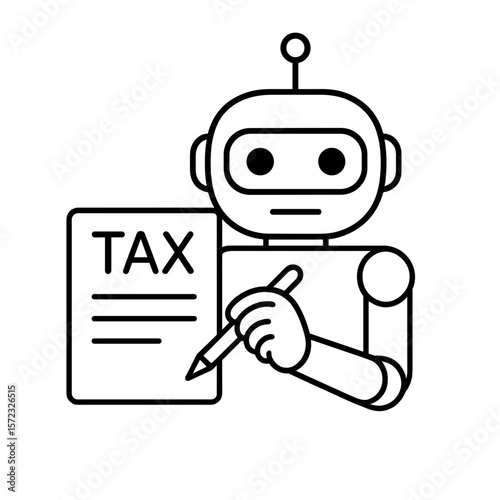 Line icon of AI robot filling out tax form with pen, automated tax assistant
