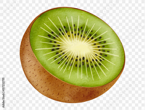 Watercolor kiwi half with seeds for summer tropical snack clipart. Vector.