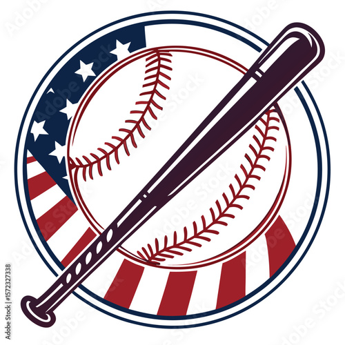 American Baseball Iconography: Classic baseball iconography featuring a baseball and bat set against an American flag-inspired backdrop, encapsulating the spirit and heritage of America's pastime.