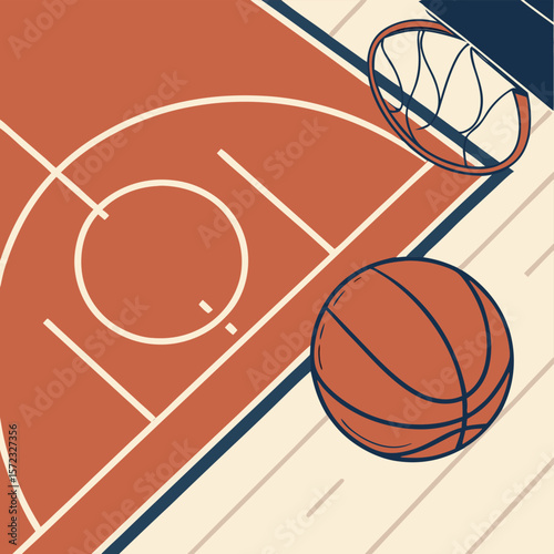 Basketball Court and Ball: A bird's-eye perspective showcases an empty basketball court. A singular basketball rests, with the basketball hoop. A visual narrative of the sport.