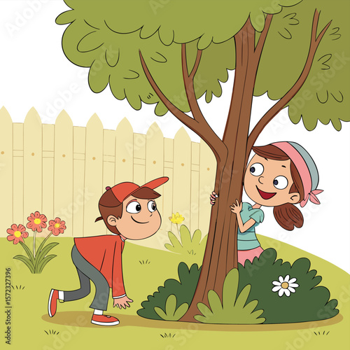Playful Hide-and-Seek: A cheerful scene of children playing hide-and-seek in a vibrant garden, featuring a tree and greenery, capturing the essence of childhood joy and innocence.