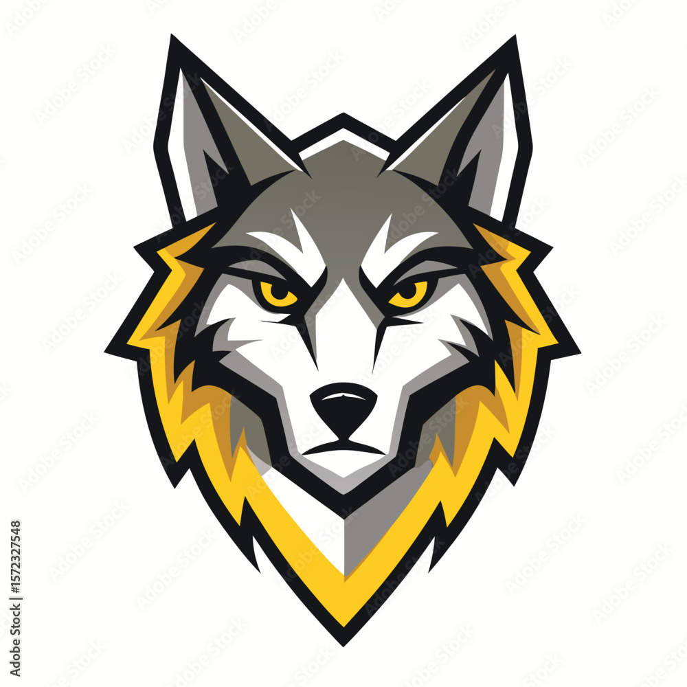 Fototapeta premium Fierce wolf head gazes intensely with its golden eyes, displaying a determined animal