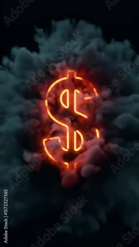 Abstract Orange Neon Dollar Sign in Smoke on a Dark Background
