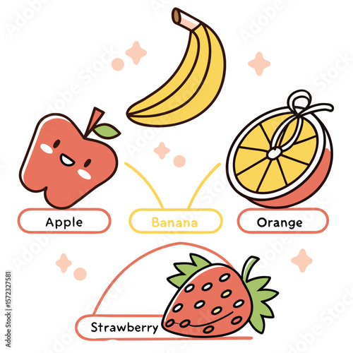 Fruity Illustration: A delightful illustration showcasing a collection of vibrant fruits, including a banana, apple, orange, and strawberry, each bursting with color and freshness.