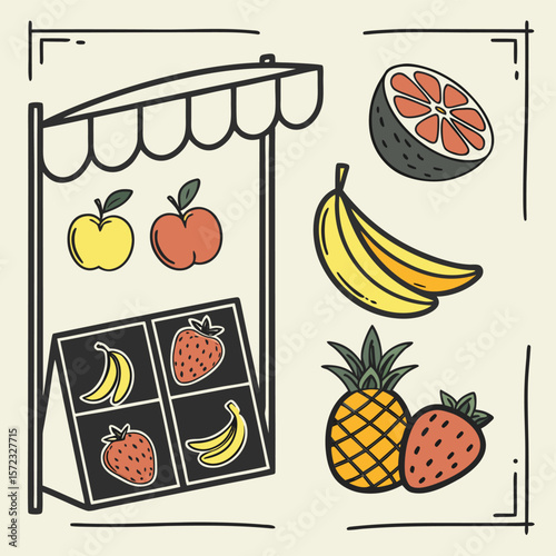 Fresh Market Delights: Vibrant array of hand-drawn fruit on display, showcasing the colorful bounty of nature's produce. perfect for promoting healthy eating and fresh produce markets.