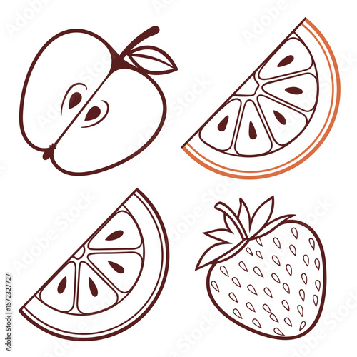 Fresh Fruit Illustration: A delightful illustration showcasing an apple slice, two citrus slices, and a strawberry, all rendered in a simple, yet eye-catching style.
